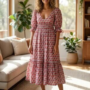 Eddy Hayley Red Floral Print Puff Sleeve Cotton Tiered Midi Dress, size L